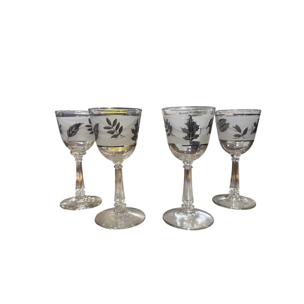Vintage Silver Leaf Frosted Wine Goblets Set of 4 Mid Century Stemware
